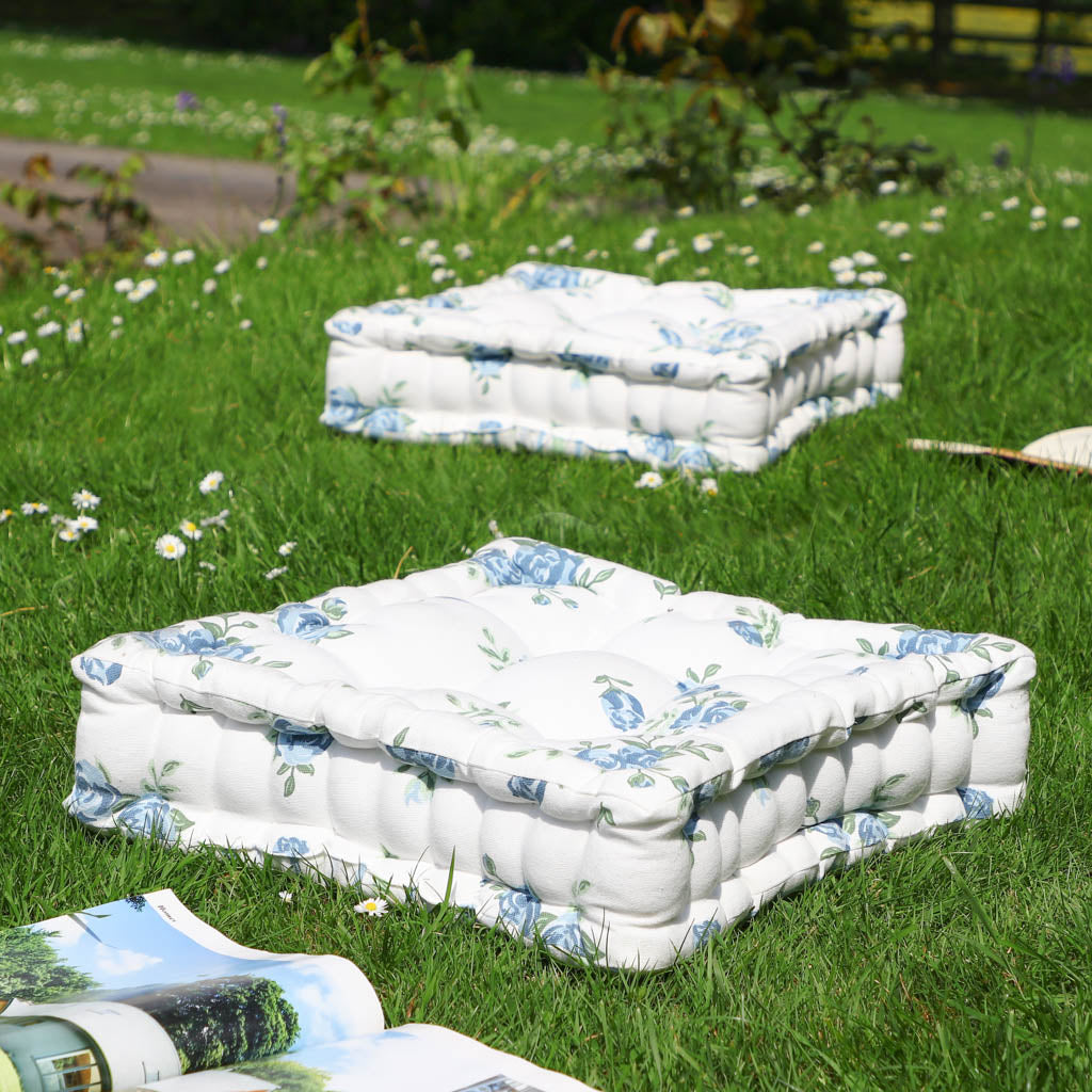 Set of 2 Blue Floral Mattress Garden Seat Pads