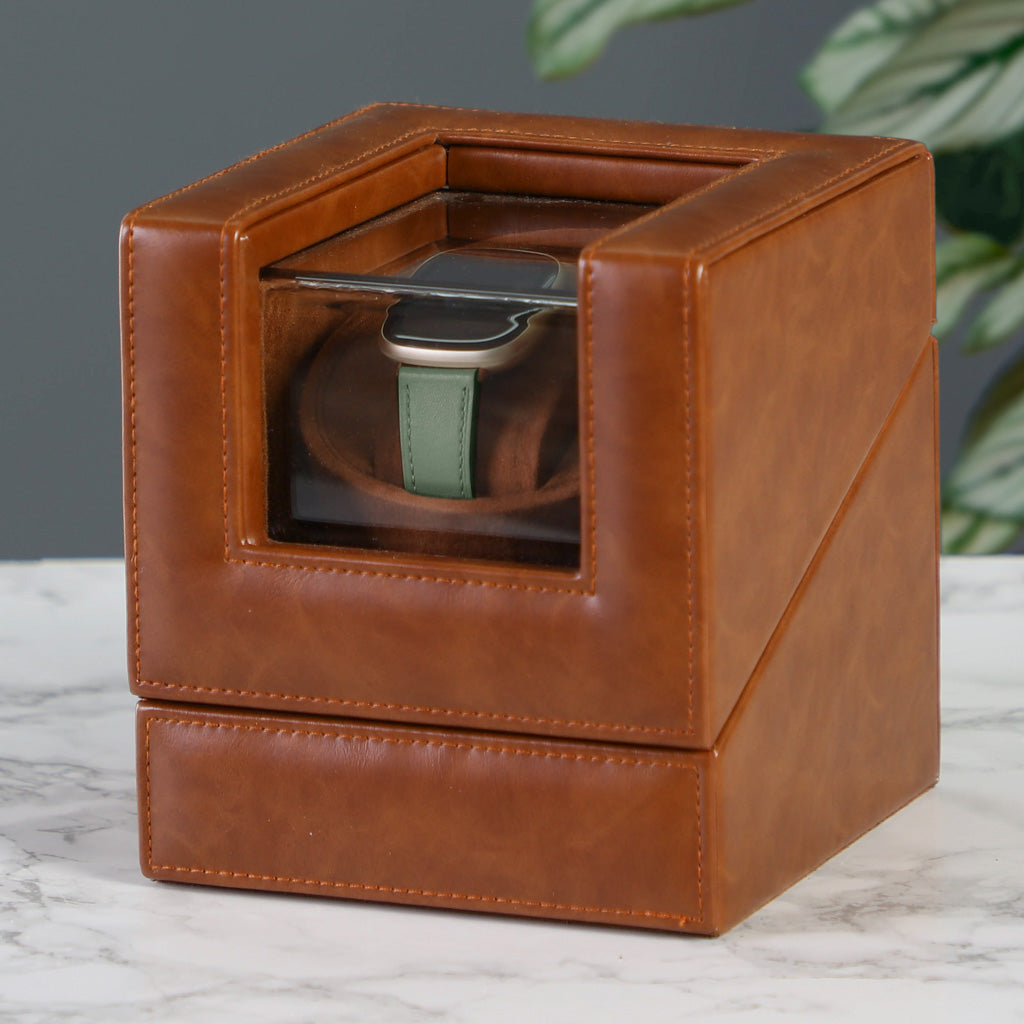 Tan Brown Leather Single Watch Box Display Case