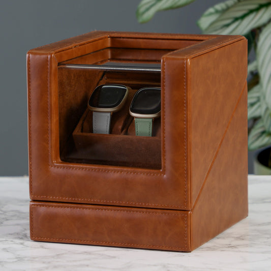 Tan Brown Leather Double Watch Box Display Case