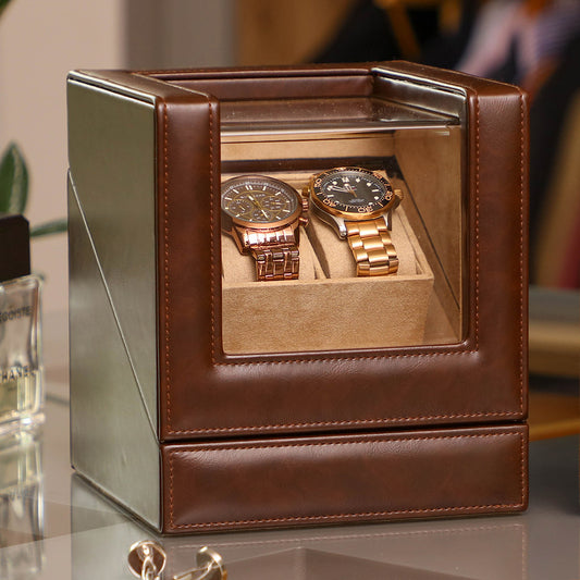 Rich Brown Leather Double Watch Box Display Case
