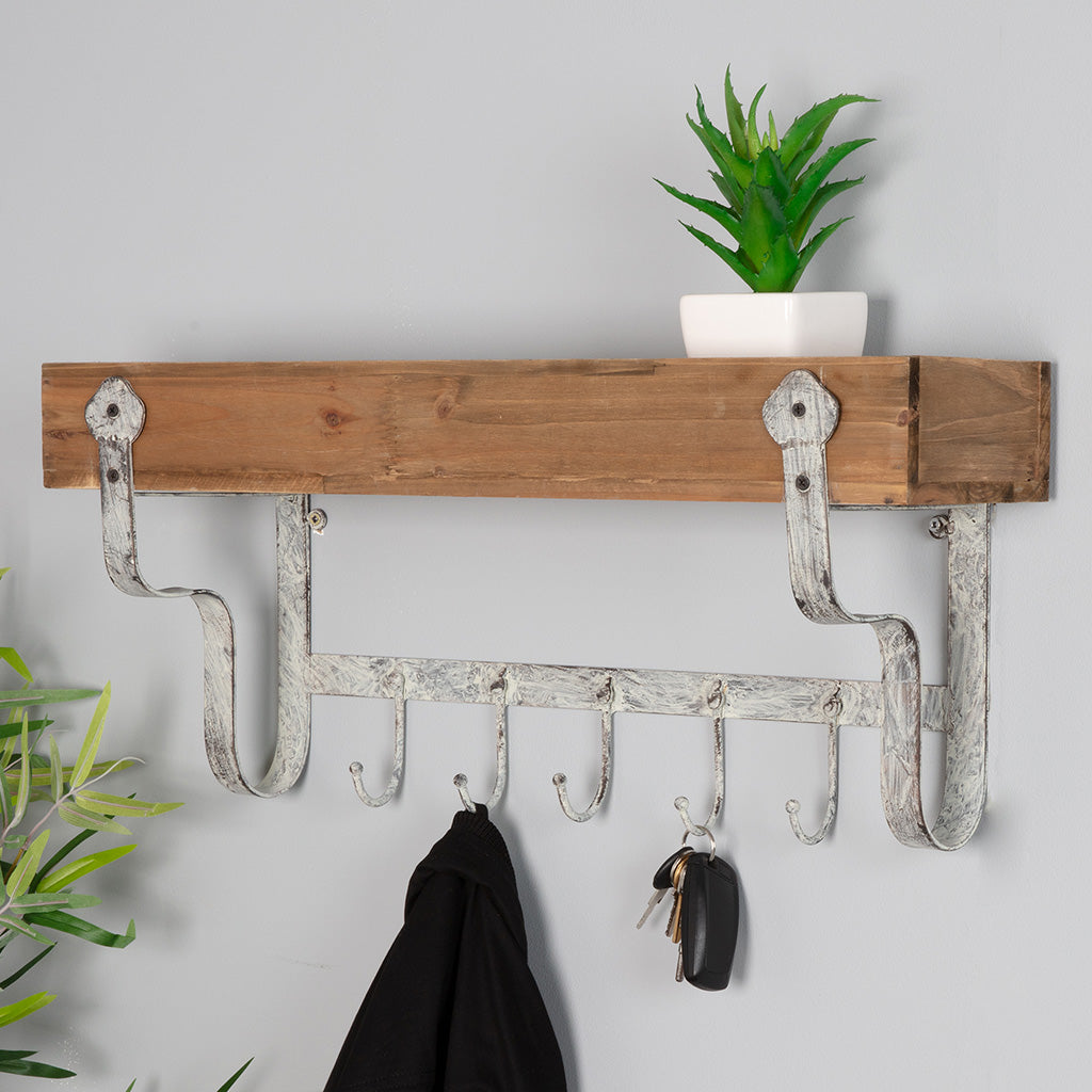 Wood and Metal Wall Shelf with Hooks