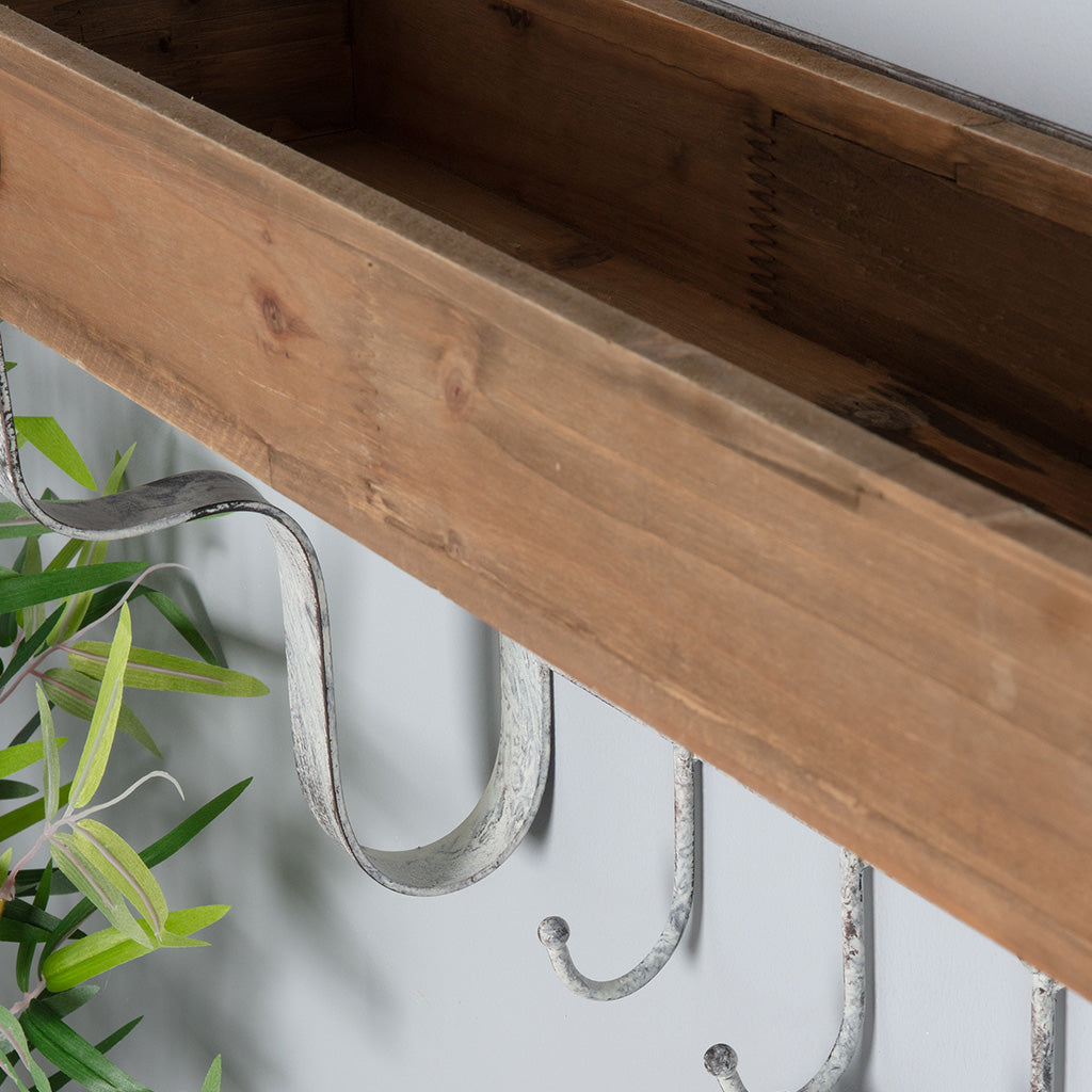 Wood and Metal Wall Shelf with Hooks