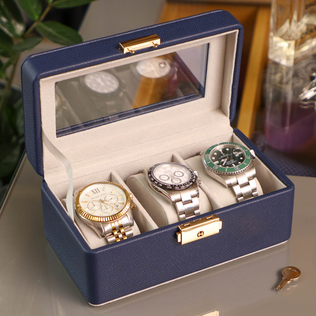 Midnight Blue Textured Watch Box with Key